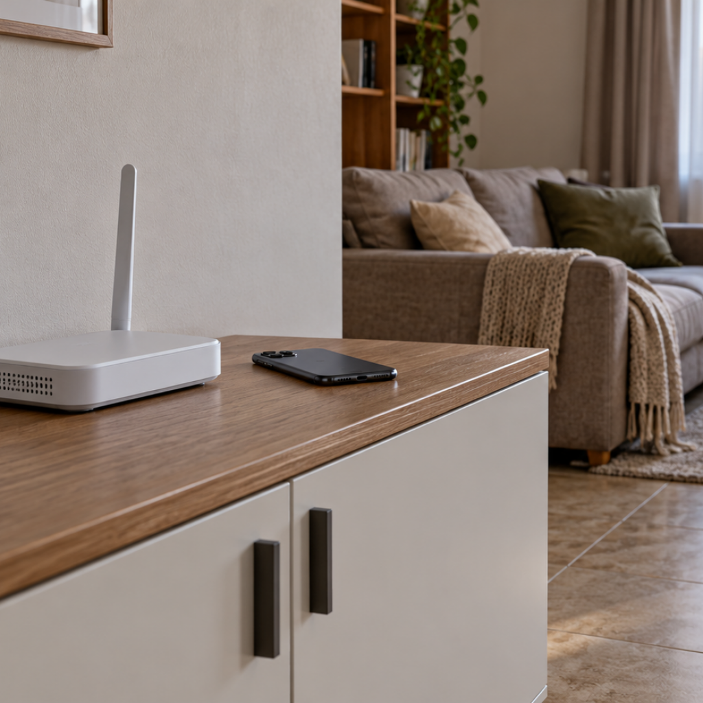 Домашний Wi-Fi роутер и телефон на тумбе в квартире