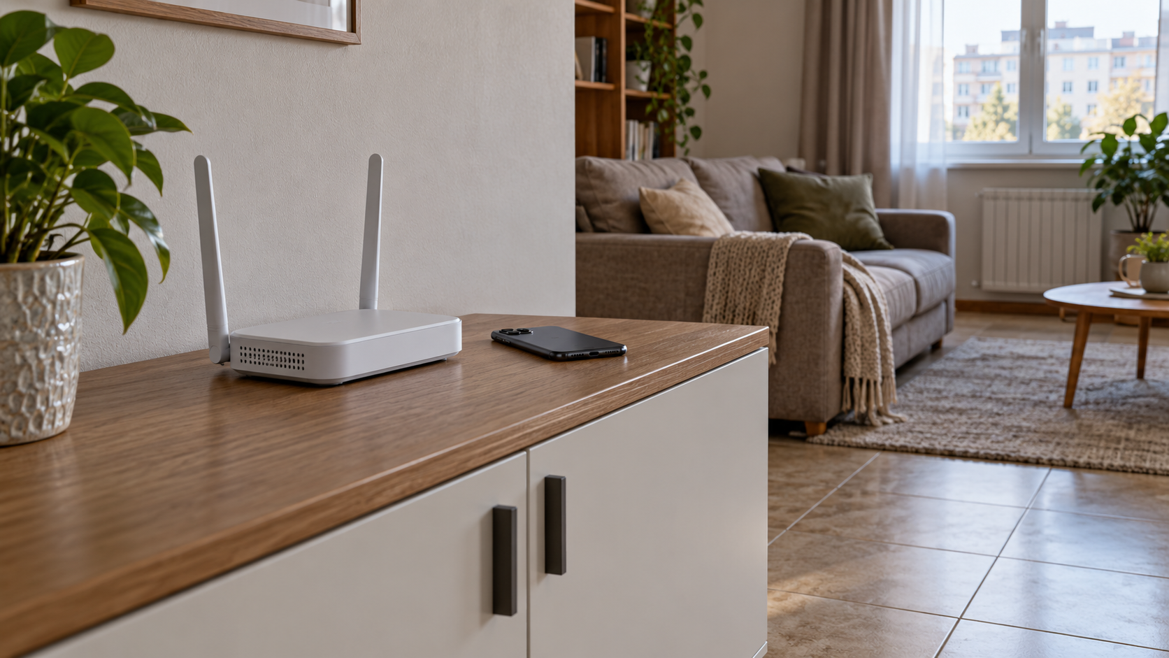 Домашний Wi-Fi роутер и телефон на тумбе в квартире